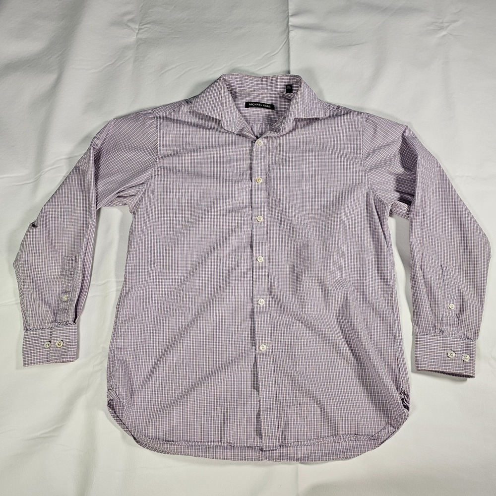 Michael Kors Mens Dress Shirt 15.5 32/33 Pink Blue Check Button Up‎